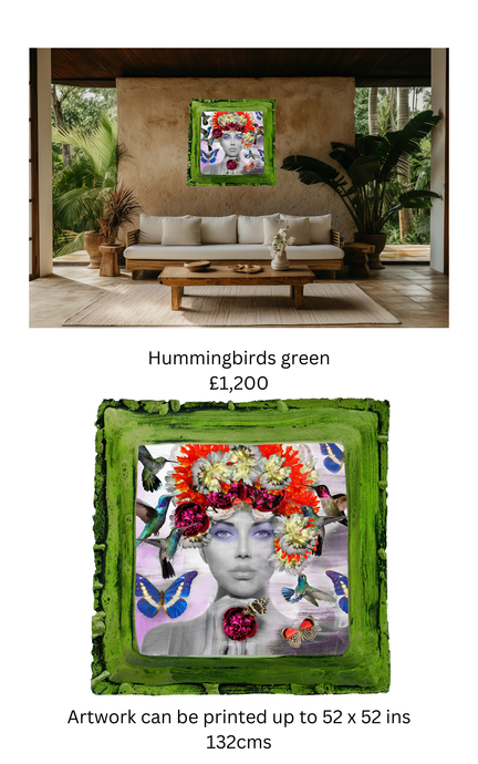 Hummingbirds (green frame) outside artwork - Chloe Rox Art Prints -  - UK Art