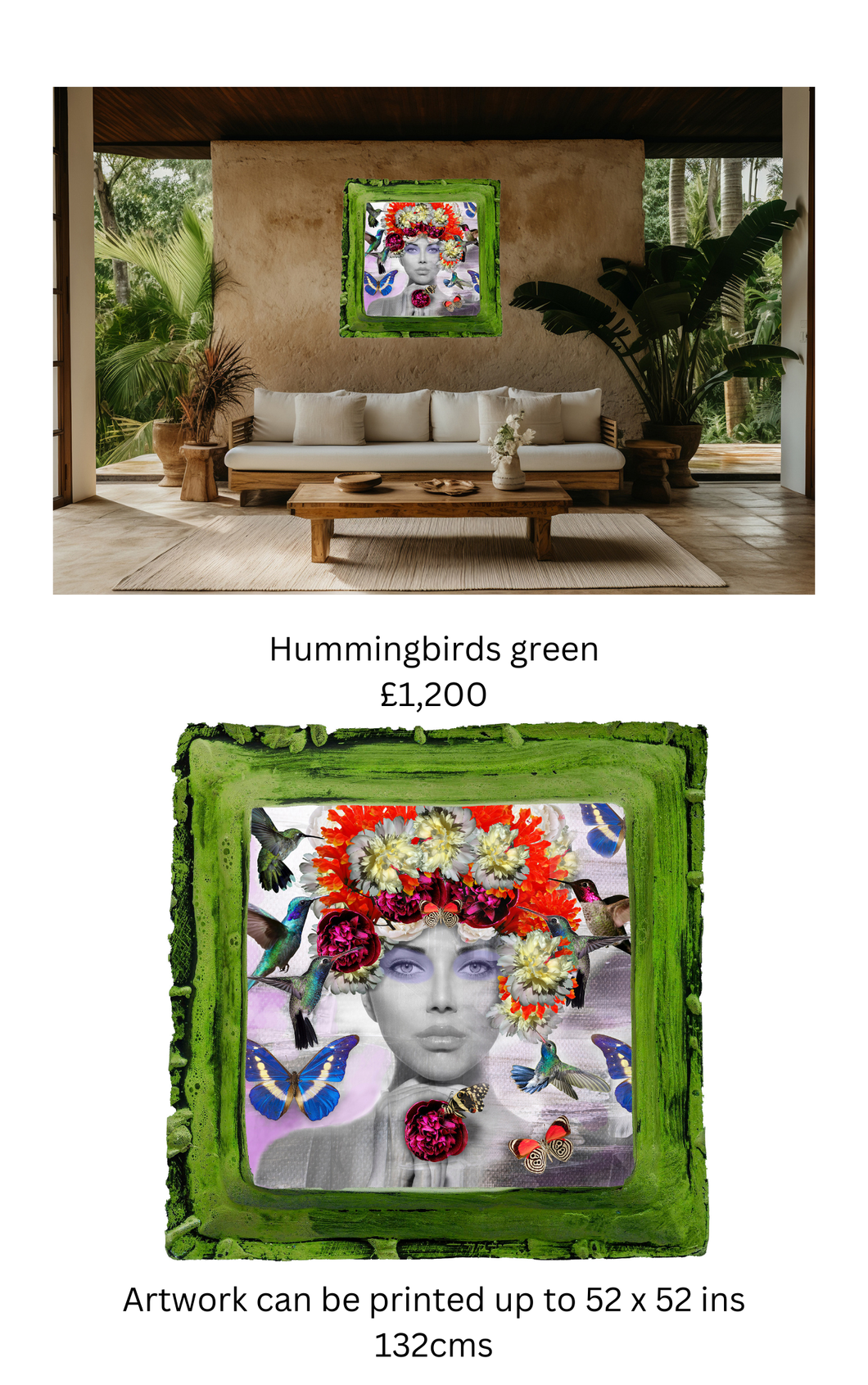 Hummingbirds (green frame) outside artwork - Chloe Rox Art Prints -  - UK Art