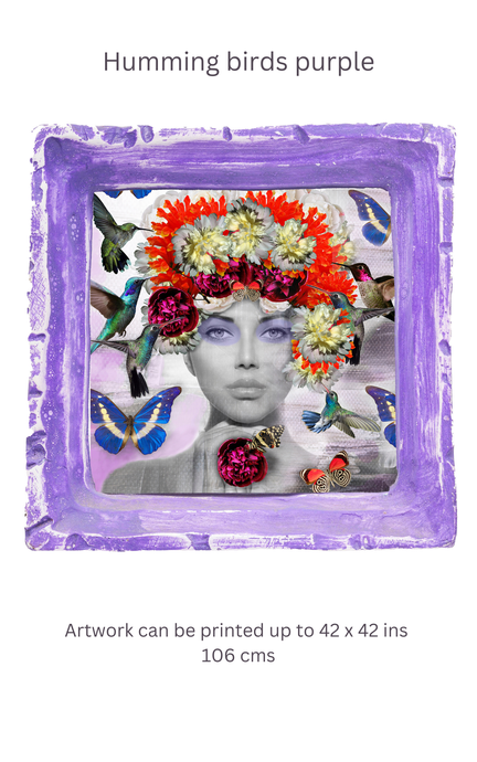 Hummingbirds purple frame outside artwork - Chloe Rox Art Prints -  - UK Art